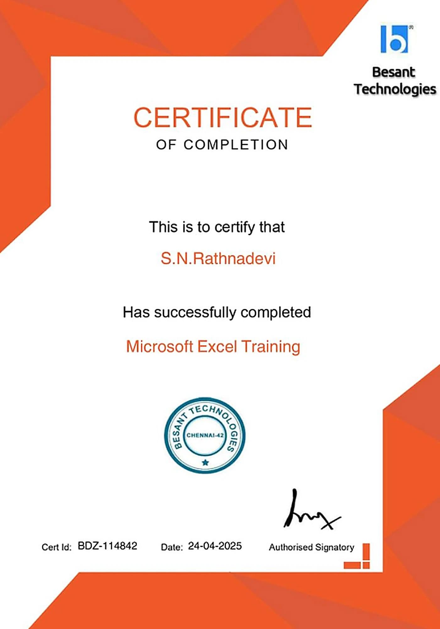 Microsoft Excel Training, issued by Besant Technologies