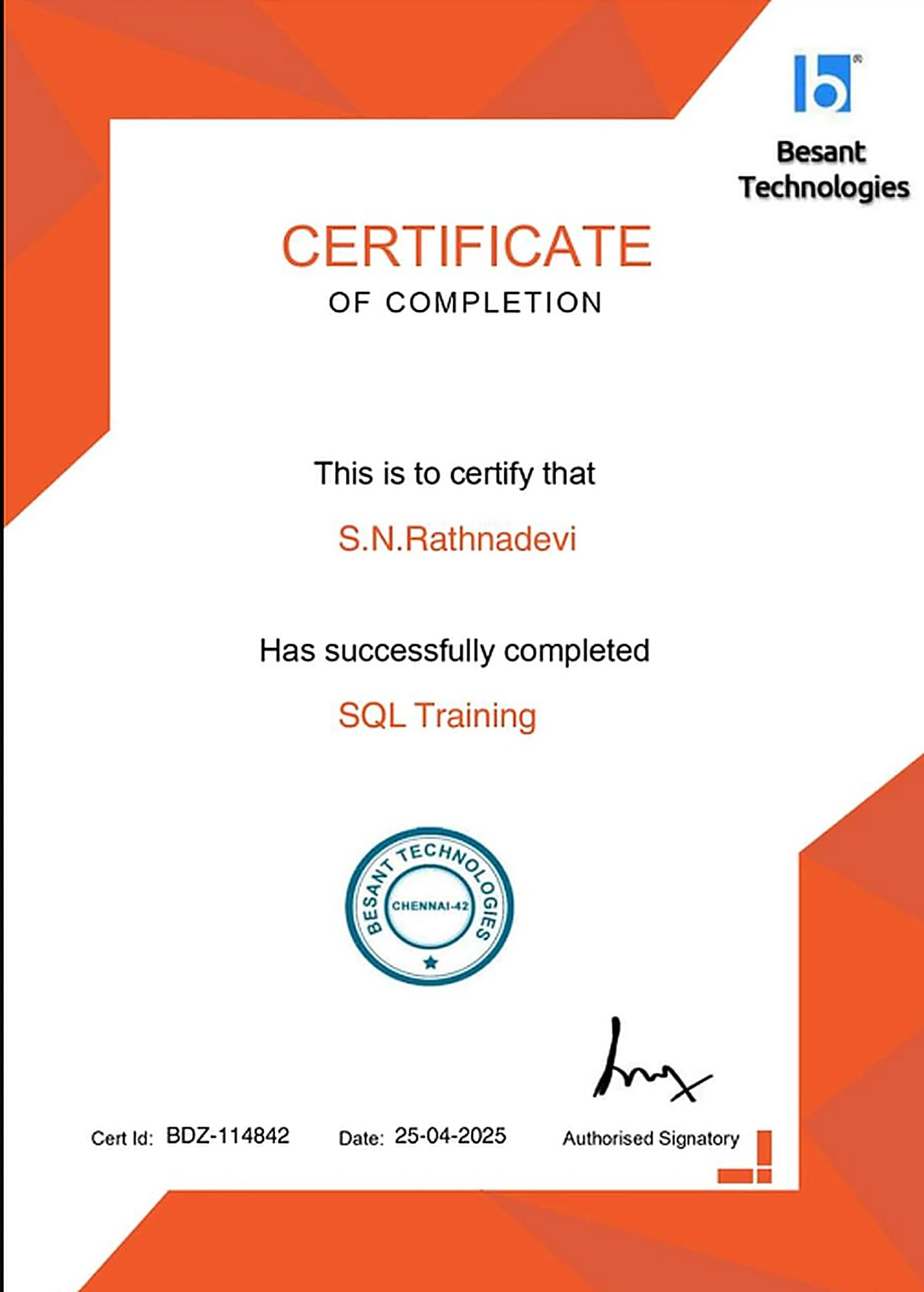 SQL Training, issued by Besant Technologies