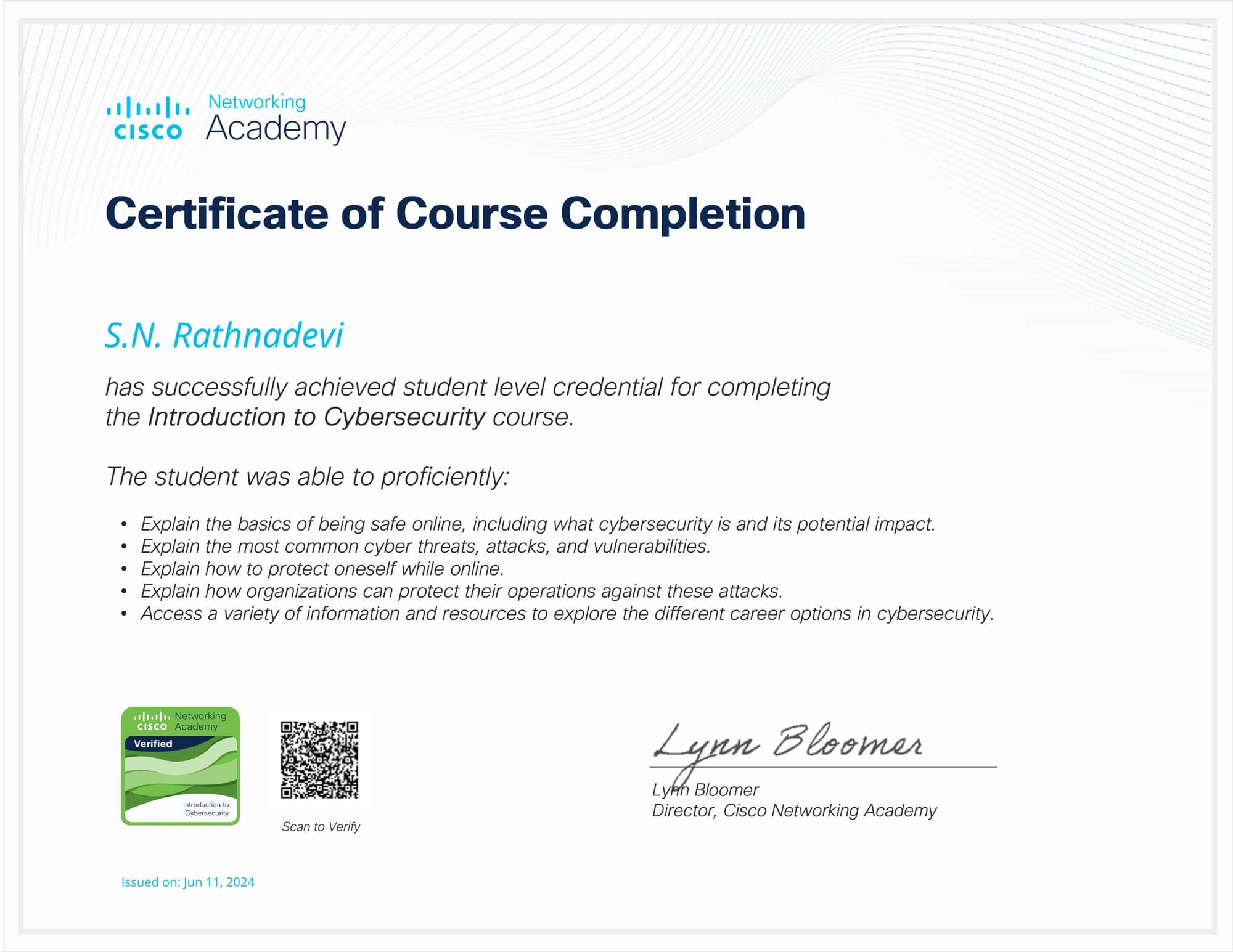 Introduction to Cybersecurity, issued by Cisco Networking Academy