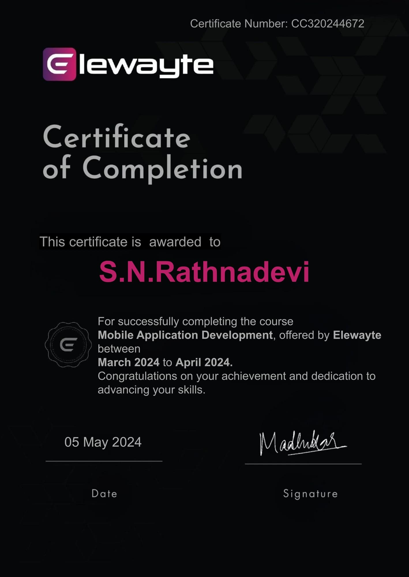 Mobile Application Development, issued by Elewayte
