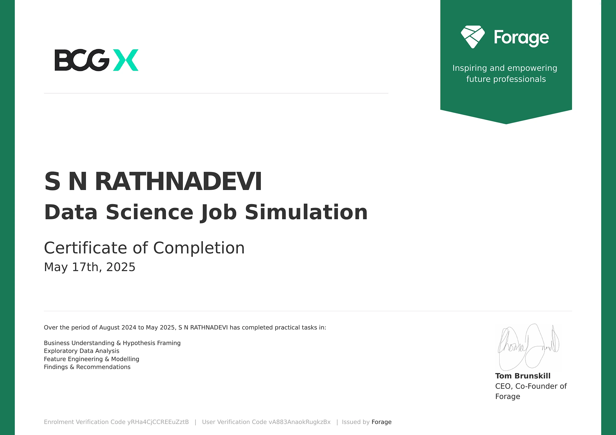 Data Science Job Simulation, issued by BCG X, delivered through Forage