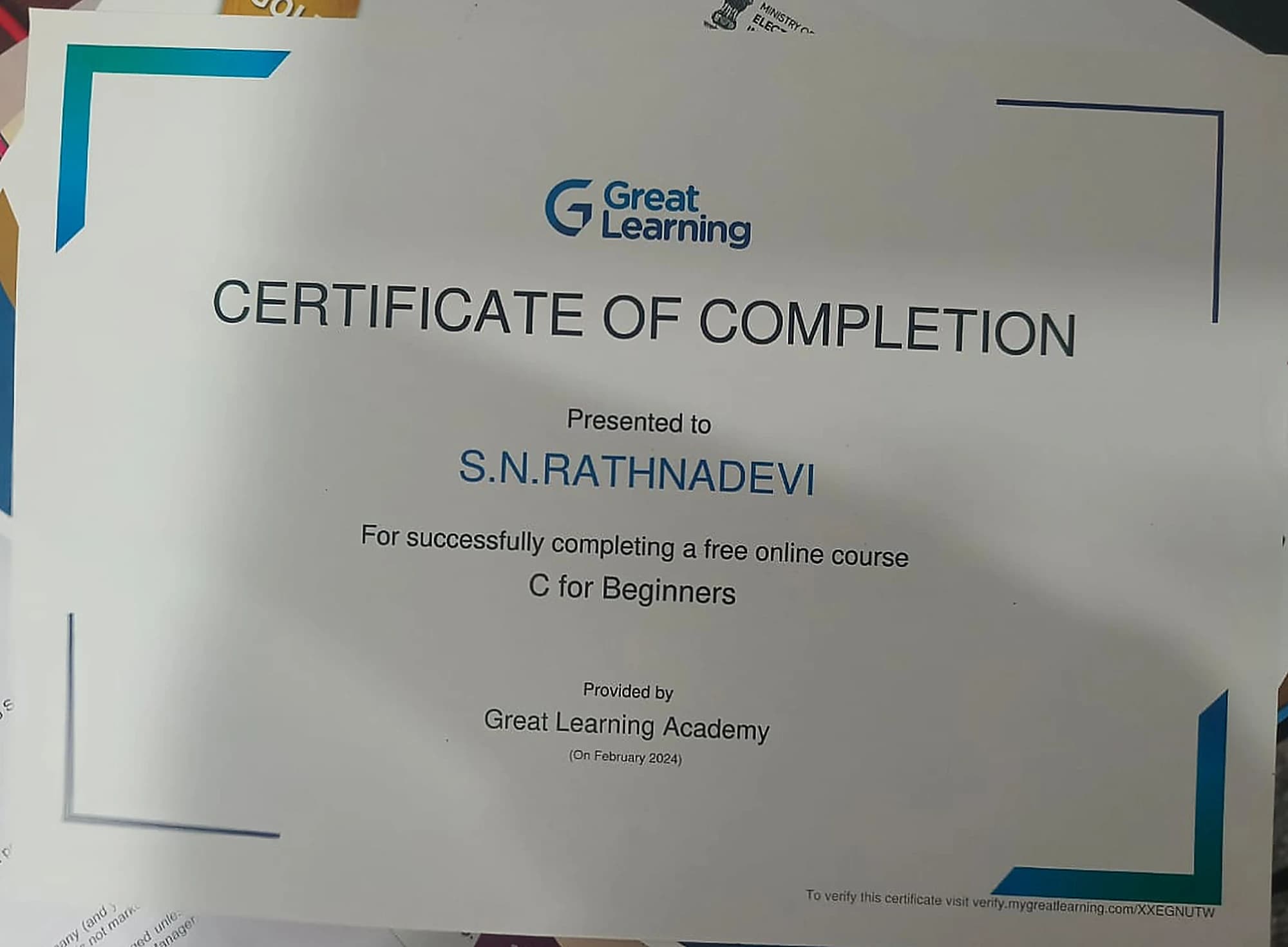 C for Beginners, issued by Great Learning Academy
