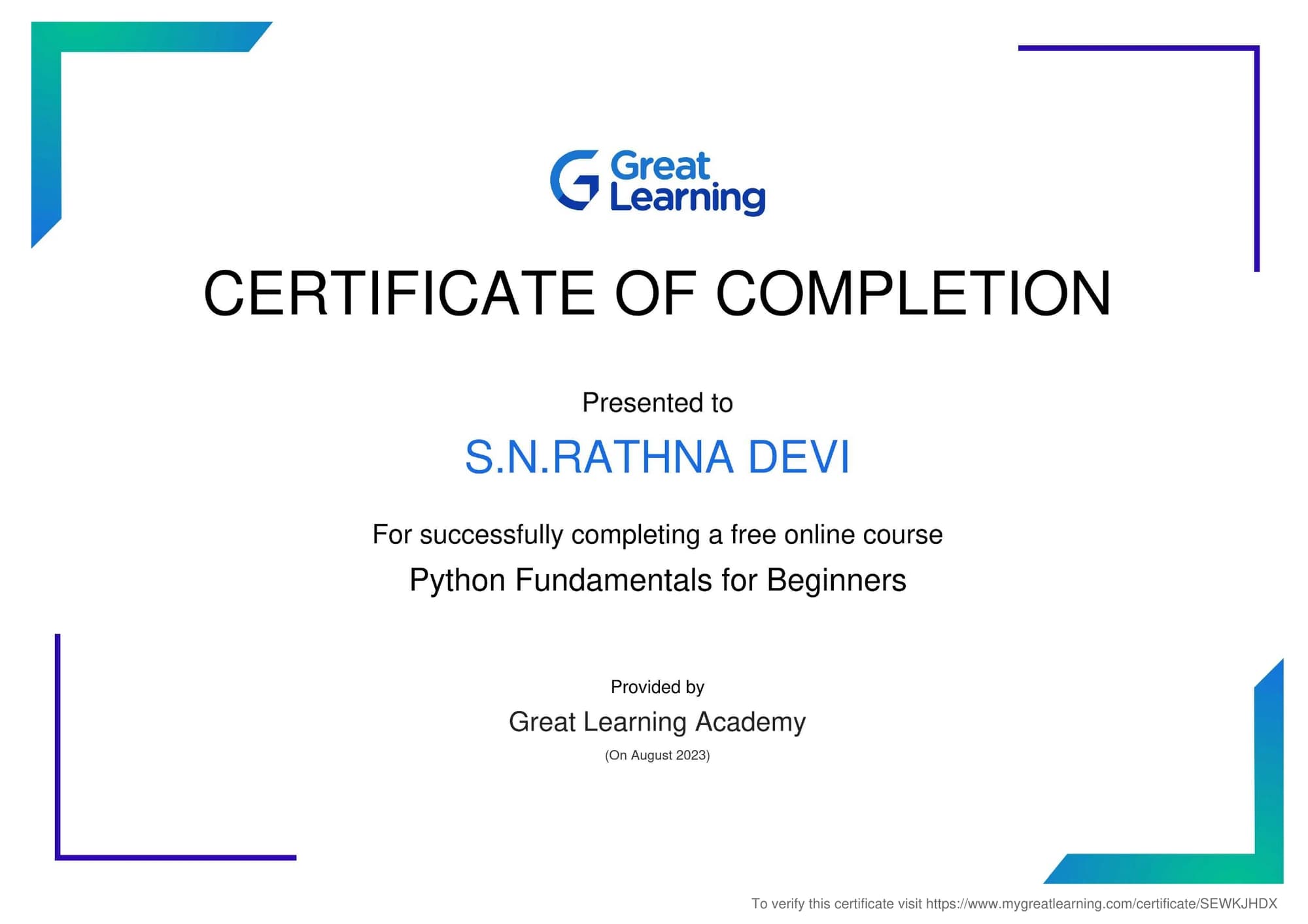 Python Fundamentals for Beginners, issued by Great Learning Academy