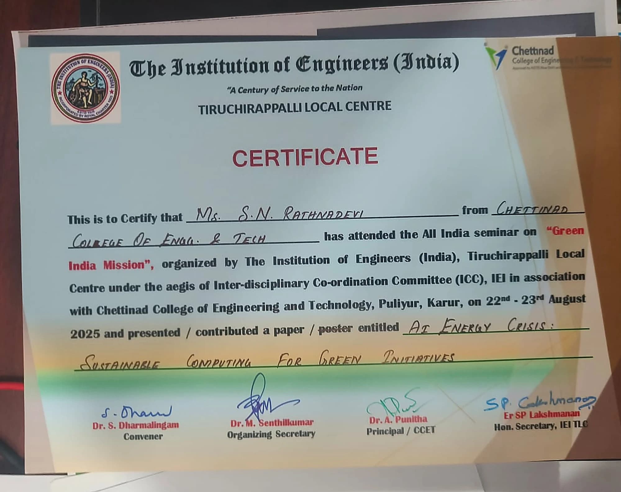 AI Energy Crisis: Sustainable Computing For Green Initiatives, issued by Paper presented at the All India Seminar on Green India Mission, The Institution of Engineers India, Tiruchirappalli Local Centre